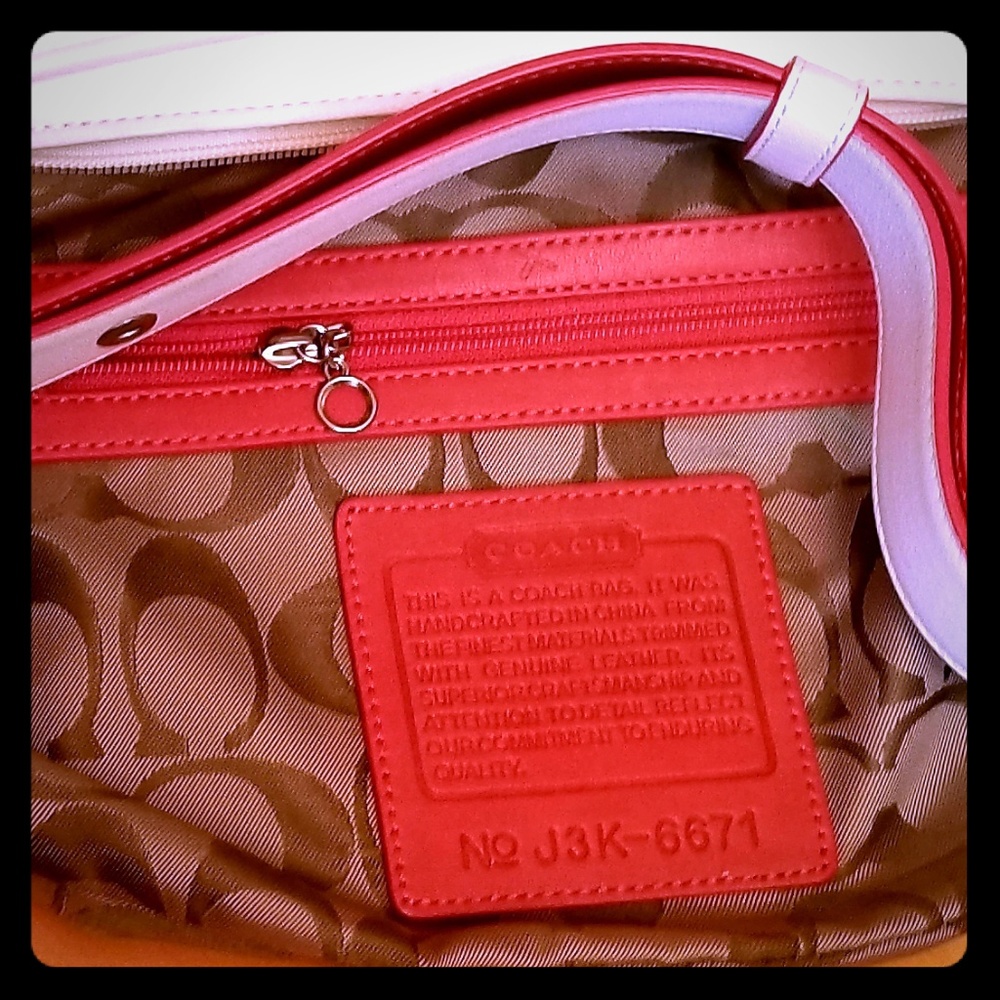 SOLD-Coach Handbags Satin White Red Leather Trim